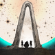 Three characters standing beneath a Borderlands vault statue while looking at a starry sky and giant moon.